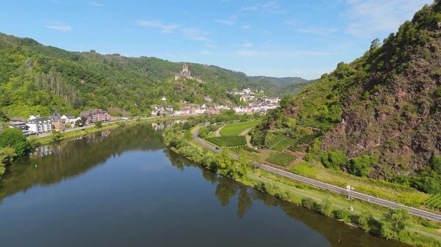 Cochem imperial castle, hilltop landmark on mountain, Moselle Valley, aerial view mosel river, Germany, middle age gothic monument, history 