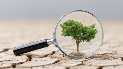 A magnifying glass focuses on a small tree growing in dry, cracked soil, symbolizing resilience and the importance of nature in challenging conditions.