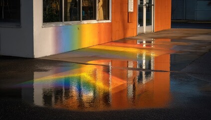 Rainbow reflections on wet pavement outside a building