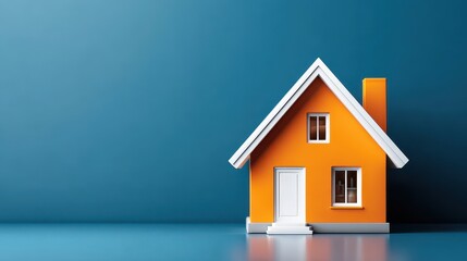 A vibrant orange house model set against a blue background, showcasing a modern design and inviting appearance.