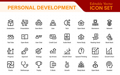 Upskilling and personal development icon pack in outline style. Includes icons for learning, training, education, career, and professional growth.