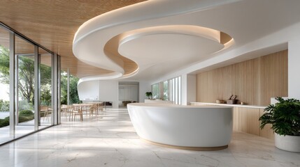 Bright modern reception area featuring sleek design and natural elements ideal for welcoming guests and fostering collaboration