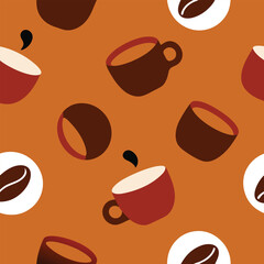 Obraz premium Seamless pattern of coffee cups and beans on brown background