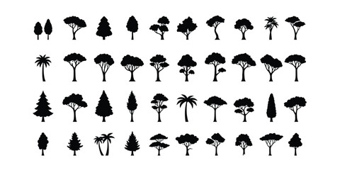 40 Tree Icons Set – Black Silhouette Vector of Nature, Forest, and Palm Trees
