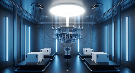 Futuristic laboratory with glowing blue lights and advanced technology, featuring a central machine and multiple experimental units