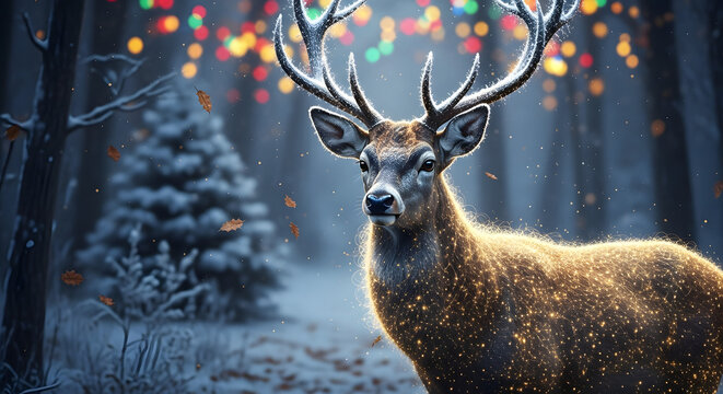 Advanced Mystical Golden Deer in Enchanted Forest with Glowing Patterns: Nature's Magical Wildlife Art - Powered by Adobe