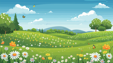 Fototapeta premium A painting depicting a country road extending into the distance, with a small house visible in the far background. The scene portrays a typical rural landscape with trees lining the road and a glimpse