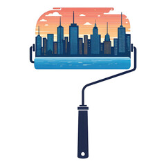 Fototapeta premium Roller brush painting a city skyline at sunset isolated on transparent background