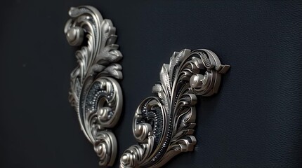 Silver Ornate Leaf Design On Dark Background - Powered by Adobe