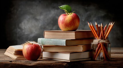 Stacks of books with one apple banner