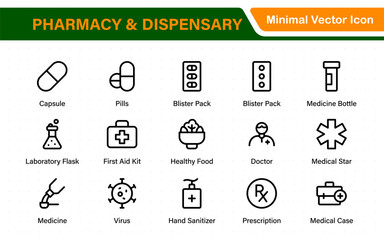 Pharmacy and dispensary icons. outline thin line icons such as apps, chemicals, drugs, weight, glucometer, syringe, and formula.