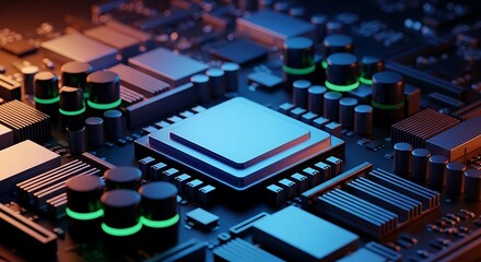 Closeup of a computer processor on a circuit board with glowing green led lights, symbolizing advanced technology and artificial intelligence