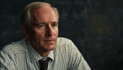 Cinematic portrait of a mature man in a striped shirt and patterned tie, seated against a dark background with dramatic lighting, evoking depth, tension, and professional sophistication. Senior Man.