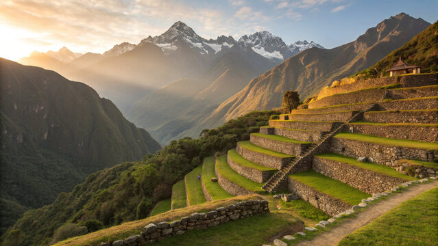 Photo of Ancient Incan agricultural majestic view of machu picchu ruins with snow capped mountain range in the background