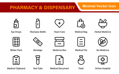 Pharmacy and dispensary icons. outline thin line icons such as apps, chemicals, drugs, weight, glucometer, syringe, and formula.