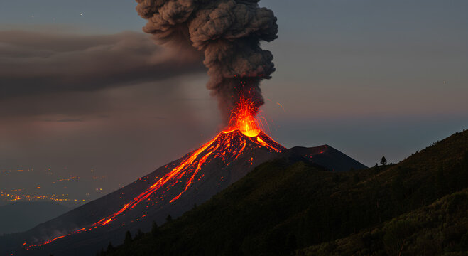 Dramatic volcano eruption with glowing lava flow and dark smoke plume under twilight sky. This volcano eruption showcases powerful geological forces at play, with magma and ash illuminating landscape.