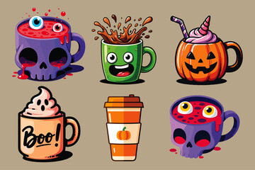 Fototapeta premium A spooky set of Halloween monster icons with a pumpkin, witch, bat, and ghost illustrations for the autumn holiday