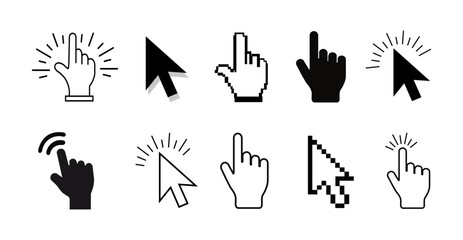Computer mouse pointer cursor icon, arrow clicks, hand pointers pixel, and outline styles vector illustration.
