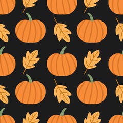 Seamless pattern with orange pumpkins and autumn leaves on a black background, ideal for Halloween, fall decorations, and seasonal designs.