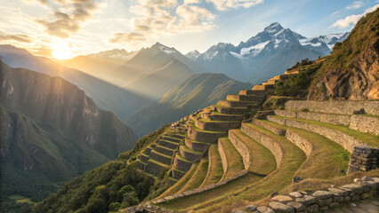 Photo of Ancient Incan agricultural majestic view of machu picchu ruins with snow capped mountain range in the background