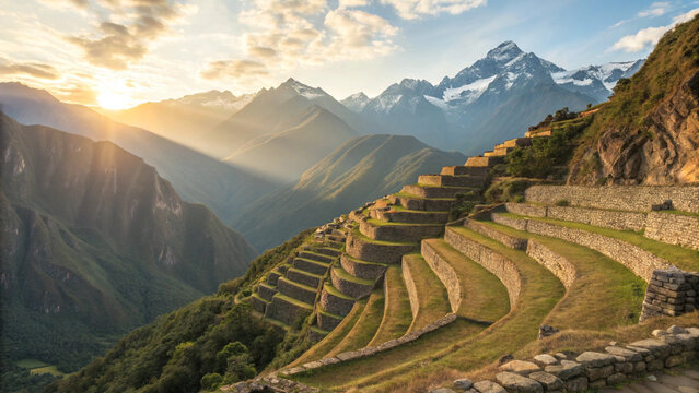 Photo of Ancient Incan agricultural majestic view of machu picchu ruins with snow capped mountain range in the background
