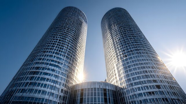 Two modern, cylindrical skyscrapers pierce a clear blue sky. - Powered by Adobe