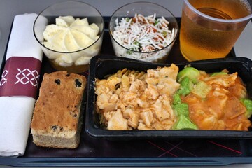 Economy class meal: chicken pasta