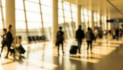 Blurred view of people with luggage walking inside a bright and modern airport terminal, filled with natural light and a sense of travel anticipation.