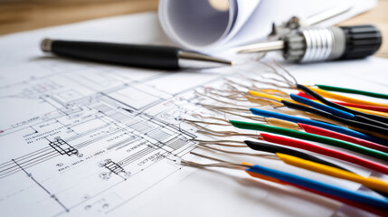 Still Life Of Electrical Components Arranged On Plans. Close-up of electrical diagram beside tools and wires, top-down angle