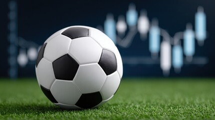 A close-up of a classic soccer ball resting on green grass, with a blurred financial chart in the background, symbolizing sports and investment.