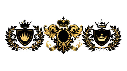 Obraz premium Luxury crown shield heraldic emblem elegant royal vintage decorative golden design ornate crest logo vector art