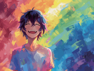 A person stands in front of a vibrant rainbow background wearing a colorful shirt. The individuals attire pops against the vivid multicolored backdrop.