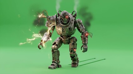 A damaged 3D animated combat robot  with sparks for chroma key on a green screen