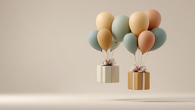 Pastel balloons lift presents in a muted color scheme