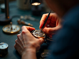 Watchmaker assembling luxury mechanical watch with precision tweezers and tools