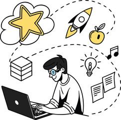 Vector cartoon illustration of a businessman and a businesswoman working on a laptop at their office desks