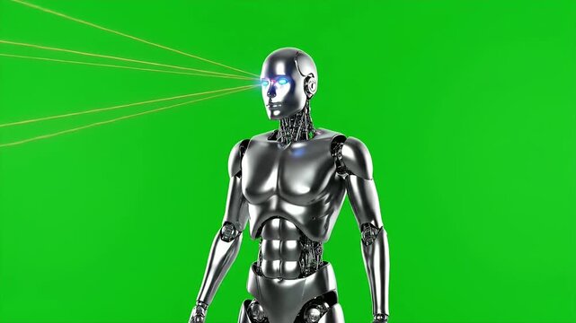 A futuristic chrome android shooting lasers from its eyes for chroma key on a green screen