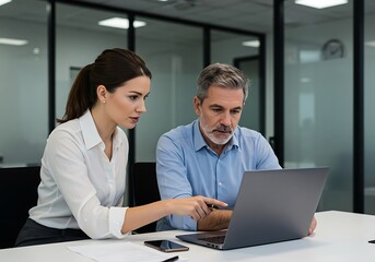 Obraz premium Business team working together on laptop in modern office, discussing project and collaborating on solutions, with woman pointing at screen and man listening