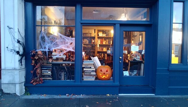 Carved Jack-o'-Lantern Glowing Warmly in a Cozy Bookstore Window at Night