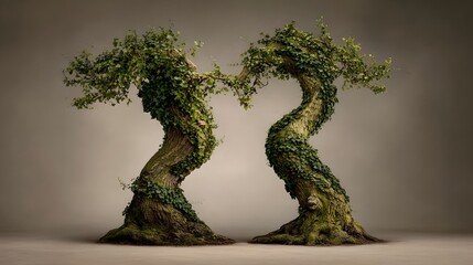 Two twisted trees adorned with ivy.