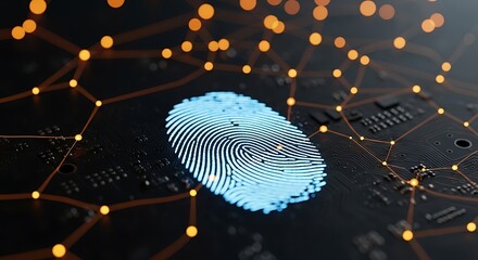 Abstract digital fingerprint glowing blue on a dark background with interconnected glowing orange nodes, representing biometric security