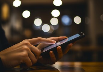 Closeup of hand using smartphone, touching screen, browsing social media, and communicating online in the evening with bokeh light background