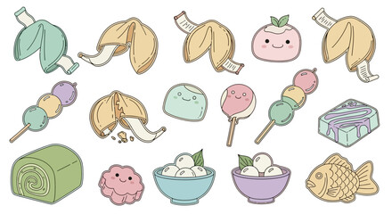 Fototapeta premium Illustration Vector Set of Asian Desserts Food Sweets Kawaii Style pastel colors