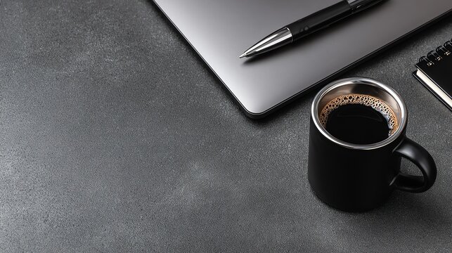 A still life composition presents a dark mug of coffee alongside a closed laptop and writing tools, evoking a sense of quiet contemplation and focused work on a textured surface.