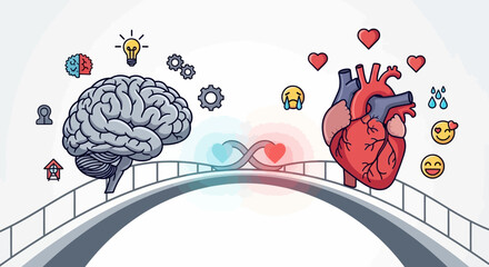 Illustration Art Vector Showing Brain and Heart Connected by a Bridge with Gears and Emoji Icons