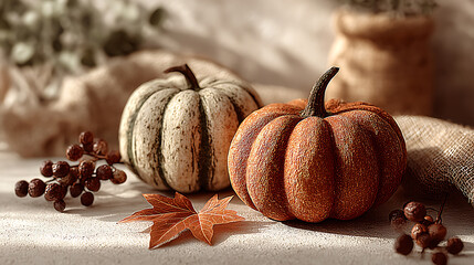 Fototapeta premium Minimalist Thanksgiving Autumn Scene: Pumpkins, Leaves & Berries on Light Background with Ample White Space