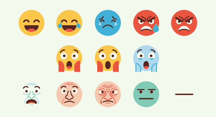 Icon Set Vector Emoticons with Various Expressions Yellow Blue and Red Emoji Face Modern Design