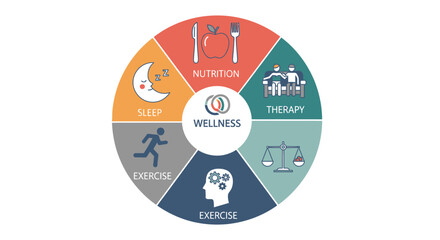 Wellness Concept Vector Illustration featuring Lifestyle Icons for Nutrition Sleep Exercise and Therapy in Modern Design with Multicolor Palette