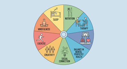Diagram Vector Illustration of Mental Health Balance with Mindfulness Sleep Nutrition Exercise Therapy and Creative Activities in a Circular Modern Style