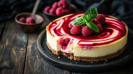 A rich and velvety cheesecake with a raspberry swirl topping on blurred background